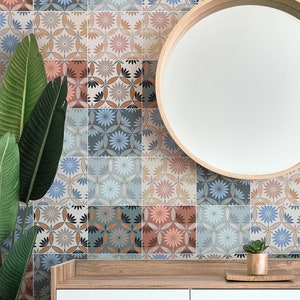 Eclectic Mosaic tile mix geometric Wallpaper. Removable Smooth Pre-Pasted or Peel and Stick Faux Woven Wallpaper
