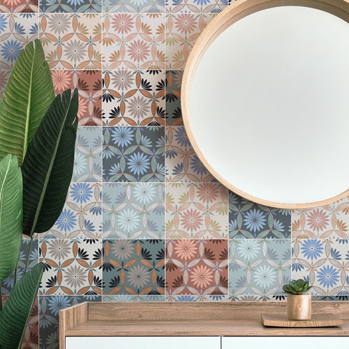 Mosaic Tile Wallpaper, Boho Geometric Floral for kitchen and bathrooms.