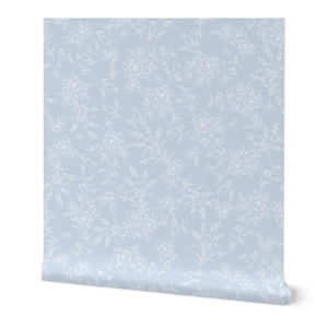 Vintage french country charm grandmillennial toile.Removable Peel-and-Stick floral Sky Blue Wallpaper. Coquette, Granny Chic nursery decor