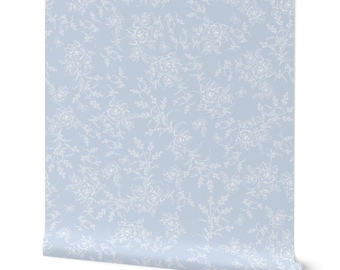 Vintage Toile Wallpaper, French Country, Sky Blue Floral, Peel and Stick