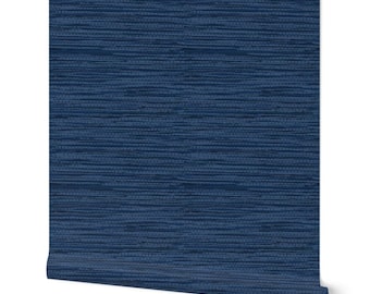 Dark Indigo Blue Hand-Drawn Grasscloth Wallpaper (Peel and Stick)
