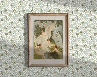 White Floral Peel and Stick Wallpaper, Dusty Mint Green Cottagecore