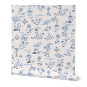 Woodland Bunny Toile  Wallpaper for playroom or Baby Nursery. Light Blue or Light Peach  options .Removable Peel and Stick Wallpaper