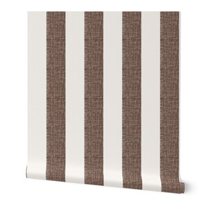May include: Brown and white striped wallpaper with a textured linen look.