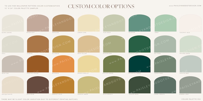 May include: A color palette sampler with 36 different colors in a semi-circle shape. The colors are arranged in rows of 4. The colors are mostly muted and earthy tones, with some greens and blues. The text "CUSTOM COLOR OPTIONS" is at the top of the image. The text "COLOR PALETTE #03" is at the bottom of the image.