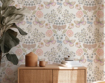 Nature's Poem Pastel Butterfly Floral _Removable Smooth Pre-Pasted or Peel and Stick Faux Woven Wallpaper. Perfect for Nursery