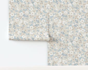 Vintage Floral Wallpaper, Neutral & Light Blue, Peel and Stick