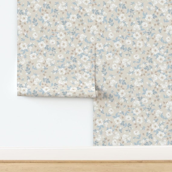 Vintage Floral Wallpaper, Neutral & Light Blue, Peel and Stick