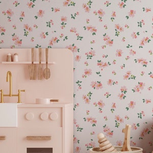Sweet Vintage pink Floral in grandmillennial style. Removable Smooth Pre-Pasted or Peel and Stick Faux Woven Wallpaper.