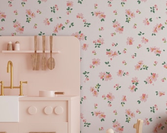 Pink Charming Ditsy Floral Peel and Stick Wallpaper for Girls Room. Vintage Cottagecore Nursery Wallcovering