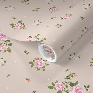 Light Blush pink Cottage Core Rose floral Wallpaper for girl nursery.Removable Vintage country floral Coquette Rose Peel and Stick Wallpaper