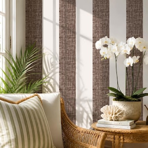 Brown and Off white Stripe Peel and Stick Wallpaper roll , Woven Texture image 1