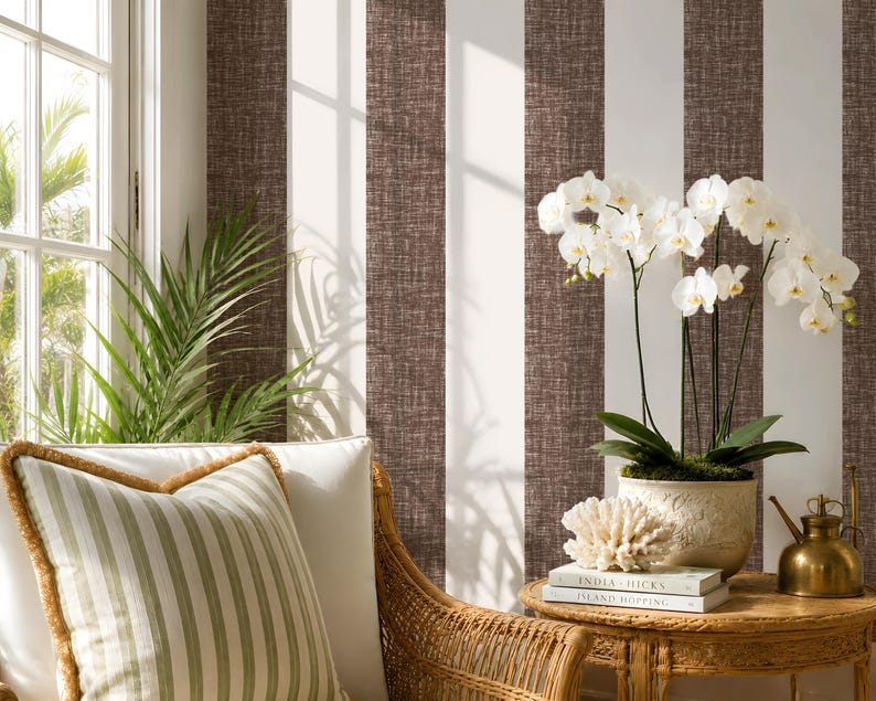 Brown and Off white Stripe Peel and Stick Wallpaper roll , Woven Texture image 1