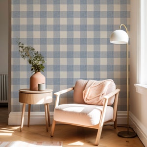 Dusty Blue and Cream Farmhouse Gingham Wallpaper in Woven linen texture . Peel and Stick Faux Woven Wallpaper. 4 Sizes. Test Swatch
