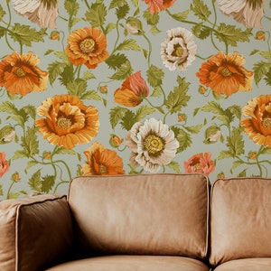 Large Orange Poppy Flower wallpaper. Removable Smooth Pre-Pasted Bold Floral Wallpaper OR Removable Peel and Stick Faux Woven Wallpaper