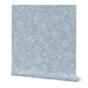 Vintage CottageCore Grandmillennial Floral Toile in Dusty Blue. Removable Pre-Pasted Wallpaper or Peel and Stick Wallpaper