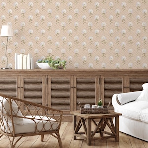 Vintage floral Wallpaper in Neutral beige. Floral Dandelion Removable Peel and Stick Wildflower Design for Bedrooms, Nursery decor ideas