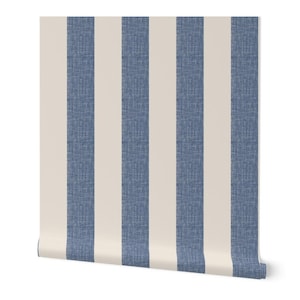Wide vertical  blue stripe Wallpaper perfect for a traditional room. Classic Blue and cream  striped removable Peel and Stick wallpaper.