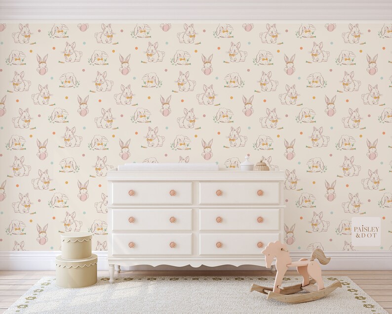 Bow Tie Bunny Nursery Wallpaper_ Removable Smooth Prepasted Wallpaper