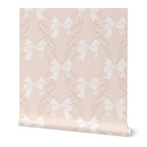 Pearls and Bows Girly Wallpaper. Coquette Aesthetic Girl Core Removable DIY Peel and Stick wallpaper for baby girl nursery room ideas