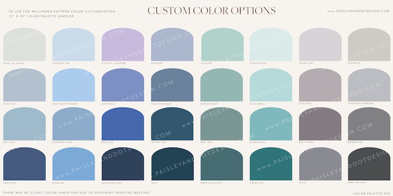 May include: A color palette sampler with 36 different shades of blue, green, and gray. The colors are arranged in a grid of 6 rows and 6 columns. Each color is labeled with a name, such as "Glacier", "Harbor Gray", and "Old Road". The text "TO USE FOR WALLPAPER PATTERN COLOR CUSTOMIZATION 12" X 24" COLOR PALETTE SAMPLER" is at the top of the image. The text "THERE MAY BE SLIGHT COLOR VARIATION DUE TO DIFFERENT PRINTING BATCHES" is at the bottom of the image. The text "COLOR PALETTE #03" is in the bottom right corner of the image.