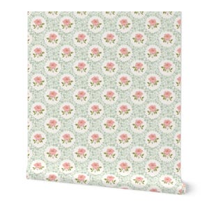 Mini Ditsy pink Florals in sage pastel green. Removable Smooth Pre-Pasted or Peel and Stick Faux Woven Wallpaper