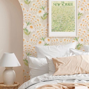 Oversized Daisy Flower arches Floral wallpaper_Cream. Removable Smooth Pre-Pasted or Peel and Stick Faux Woven Wallpaper