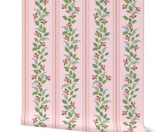 Traditional Climbing Pink Rose Bud Libby stripe. Grandmillenial Vintage Removable Smooth Pre-Pasted or Peel and Stick Faux Woven Wallpaper