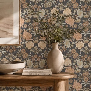Moody Victorian Floral Wallpaper - Charcoal Gray, Removable image 1