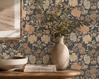 Moody Victorian Floral Wallpaper - Charcoal Gray, Removable