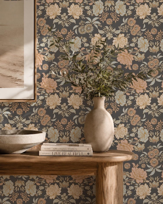 Moody Victorian Floral Wallpaper - Charcoal Gray, Removable