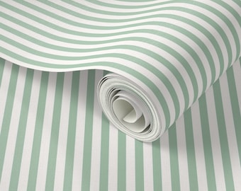 Off-White and Spray sage Green Basic Classic stripe Wallpaper. Removable Smooth Pre-Pasted or Peel and Stick Faux Woven Wallpaper. Swatch