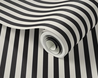 Light Off-White and Black Classic even stripe Wallpaper.Removable Smooth Pre-Pasted or Peel and Stick Faux Woven .Swatch