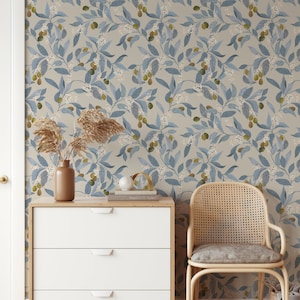 Olive Branch Wallpaper - Dusty Blue Floral Vines, Peel and Stick