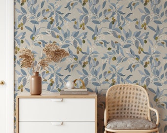 Dusty Blue Leaf Wallpaper with Olive Branch design. Vintage floral vines Removable Peel and Stick Wallpaper Test Swatch.