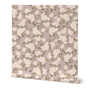 White pastel mauve Floral Wallpaper for Farmhouse CottageCore Rooms. Vintage soft floral Removable Peel and Stick Wallpaper