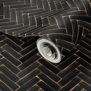 Glamorous Black and Gold Brushed Watercolor Herringbone Tile.Removable Smooth Pre-Pasted or Peel and Stick Faux Woven Wallpaper. Test Swatch