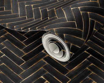 Glamorous Black and Gold Brushed Watercolor Herringbone Tile.Removable Smooth Pre-Pasted or Peel and Stick Faux Woven Wallpaper. Test Swatch