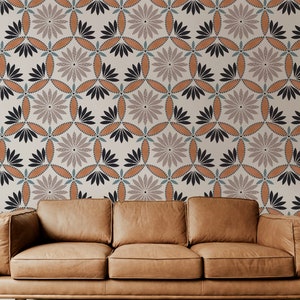 Floral mosaic Tile geometric Wallpaper. Removable Smooth Pre-Pasted or Peel and Stick Faux Woven Wallpaper.Test Swatch