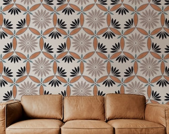 Floral mosaic Tile geometric Wallpaper. Removable Smooth Pre-Pasted or Peel and Stick Faux Woven Wallpaper.Test Swatch