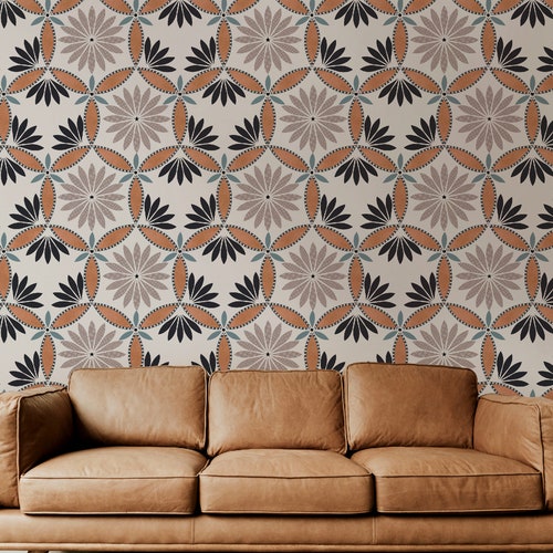 Papier peint autocollant surdimensionné à carreaux géométriques bohèmes et floraux.