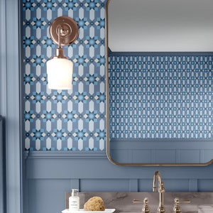 Navy Wallpaper . Small Blue Geometric  Mosaic Tile Wallpaper great for bathroom. Removable Peel and Stick and other options.