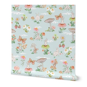 Colorful Woodland Bunny Toile Wallpaper for playroom or Baby Nursery .Removable Peel and Stick Wallpaper for Toddlers