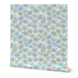 Little Blue florals wallpaper for Nursery country charm wallcovering for kids room. Removable renter friendly Peel and Stick Wallpaper