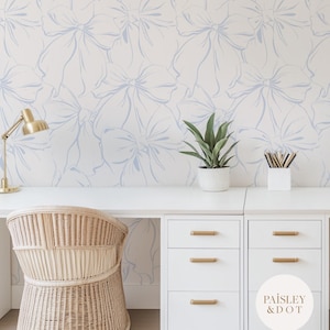Blue Bows Nursery Wallpaper: Removable Peel and Stick, Custom Colors