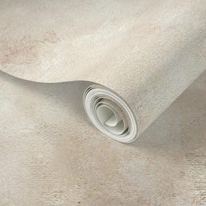 May include: A roll of textured wallpaper in neutral tones of beige and off-white. The paper has a subtle, mottled appearance with slight variations in color, creating a soft, aged aesthetic. The roll is partially unrolled, revealing the paper's interior.