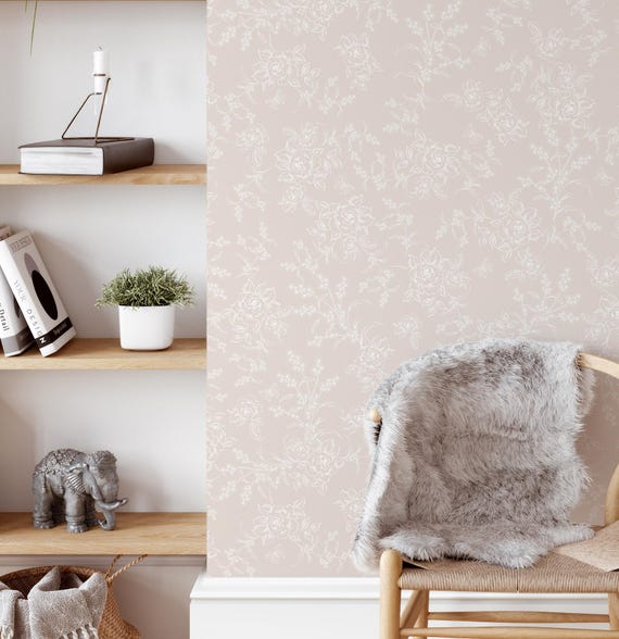 Vintage country Farmhouse Grandmillennial toile in Neutral Light Blush Taupe.Removable DIY  Peel and Stick Wallpaper great for Nursery Decor