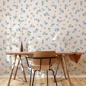 Sweet Vintage baby blue Floral in grandmillennial style. Removable Smooth Pre-Pasted or Peel and Stick Faux Woven Wallpaper. Test Swatch