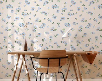 Sweet Vintage baby blue Floral in grandmillennial style. Removable Smooth Pre-Pasted or Peel and Stick Faux Woven Wallpaper. Test Swatch