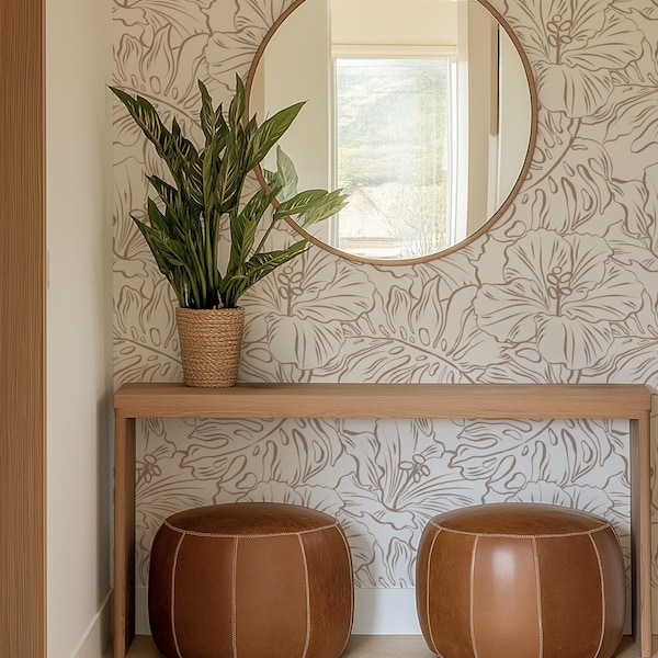 Tropical Monstera Hibiscus Peel and Stick Wallpaper: Custom Colors Available